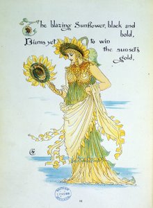 Il fiore di girasole personificato in una giovane donna vestita di giallo e verde. Tavola 36 tratta da "Flora