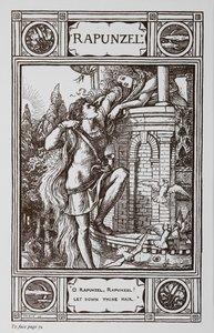 Raperonzolo si sporge dalla finestra di una torre mentre un principe si arrampica sui suoi capelli da Walter Crane