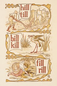 Parole in rima che finiscono con la lettera L. Aratura. Una cicogna. The Golden Primer da Walter Crane