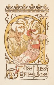 Parole in rima che finiscono con la lettera S. Una donna che tiene uno specchio. Il Golden primer da Walter Crane
