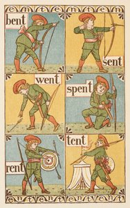 Parole in rima che finiscono con la lettera T. Un ragazzo con arco e freccia. The Golden Primer da Walter Crane