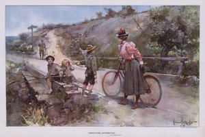 Consultare le autorità: donna in bicicletta che chiede indicazioni a un gruppo di bambini