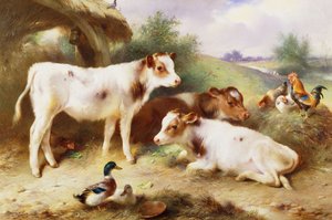 Vitelli e pollame vicino a una stalla da Walter Hunt