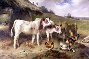 Vitelli e pollame fuori da un fienile da Walter Hunt