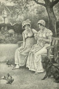 Jane Austen che cuce, con sua sorella Cassandra nel giardino del rettorato da Walter Paget