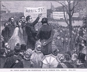 Il signor Phelps pianta la quercia di Shakespeare su Primrose Hill, Londra 1864 d.C.