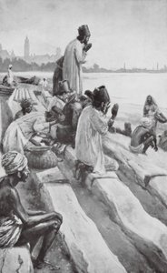 Parsi che adorano il sole nascente sulla spiaggia di Bombay