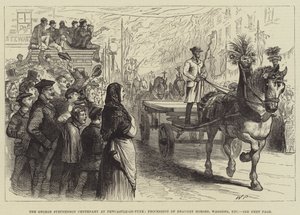 Il centenario di George Stephenson a Newcastle-on-Tyne, processione di cavalli da tiro, carri, ecc. da Walter Paget