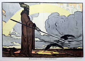 Odino con i suoi due corvi, Hugin (pensiero) e Munin (memoria) da Walter Puttner