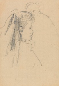 Testa e busto di una ragazza di profilo a destra, testa di un uomo, pieno fronte, dietro da Walter Richard Sickert
