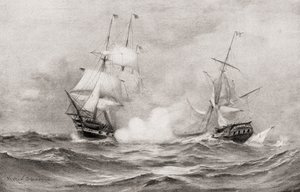 Il combattimento tra USS Constitution e HMS Guerriere, durante la Guerra del 1812, circa 400 miglia a sud-est di Halifax, Nuova Scozia, da The History of Our Country, pubblicato 1905 da Warren Sheppard