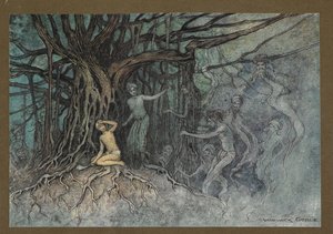 Tavola 19: "Nel momento in cui fu dato il primo colpo, molti fantasmi si precipitarono verso il Brahman, da "Folk-Tales of Bengal ... Con 32 illustrazioni a colori di Warwick Goble (Edizione de luxe.)