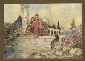 Tavola 23: "Lo sciacallo ... aprì il suo fagotto di foglie di betel, ne mise alcune in bocca e iniziò a masticarle", da Folk-Tales of Bengal... Con 32 illustrazioni a colori di Warwick Goble (Edizione de luxe.) da Warwick Goble