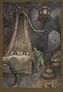 Tavola 3: "Si precipitò fuori dal suo nascondiglio e uccise il serpente", da Folk-Tales of Bengal ... Con 32 illustrazioni a colori di Warwick Goble. (Edizione de luxe) da Warwick Goble