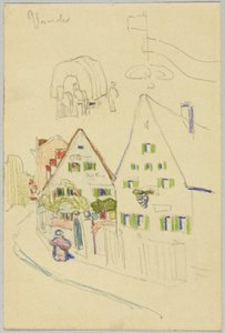 Strada con case a tetto a sella e carro coperto, verso: Vista di un luogo con una chiesa a torre a cipolla da Wassily Kandinsky
