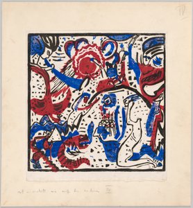 Holzschnitt nach dem Hinterglasbild "Große Auferstehung" (Probedruck mit Anweisungen für Kandinskys Buch "Klänge" (1912), S. 97) da Wassily Kandinsky