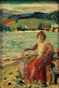In abito rosso sulla riva del lago