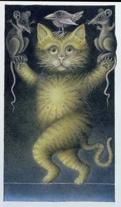 Gatto sulla fune, in equilibrio con uccello e topi (matita e pastello colorato su carta)