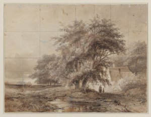 Paesaggio con una fattoria sotto gli alberi a destra, con una donna e un bambino davanti da Weissenbruch (workshop of)