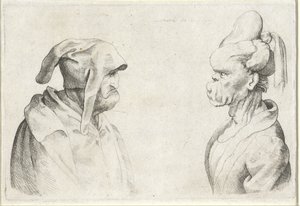 Teste deformi di un uomo con cappello floscio e donna con capelli legati da Wenceslaus Hollar (attributed to)