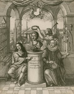 Busto di Carlo II, con Lord Brouncker (a sinistra), il primo Presidente della Royal Society, e Francis Bacon (a destra) da Wenceslaus Hollar