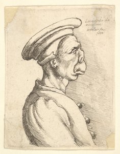 Busto di un uomo con naso piatto e bocca sporgente, che indossa un berretto piatto e un cappotto abbottonato, 1660 da Wenceslaus Hollar