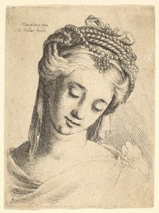 Busto di una giovane donna con elaborato copricapo, che guarda in basso da Wenceslaus Hollar