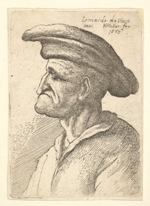 Busto di uomo anziano con naso che incontra il labbro inferiore, che indossa un ampio cappello piatto in profilo, 1665 da Wenceslaus Hollar