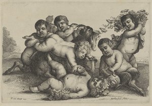 Tre bambini, due satiri, un baccante e una capra (serie: Putti e satiri) da Wenceslaus Hollar