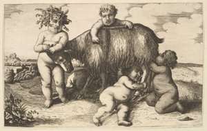 Quattro ragazzi, un giovane satiro e una capra copia inversa da Wenceslaus Hollar