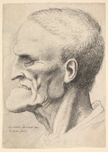 Testa di un vecchio con mento pronunciato, capelli corti e bocca spalancata da Wenceslaus Hollar