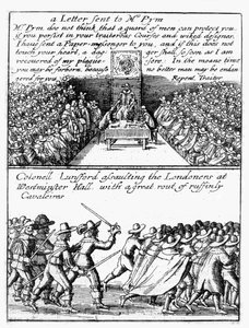 John Pym legge una lettera alla Camera dei Comuni; il colonnello Thomas Lunsford e i suoi soldati attaccano i londinesi da Wenceslaus Hollar