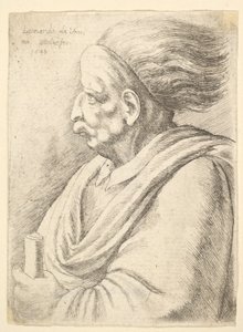 Uomo con caratteristiche caricaturali e capelli che fluttuano dietro, a mezzo busto a sinistra, 1648