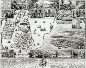 Mappa della guerra civile in Inghilterra e una vista di Praga, 1632
