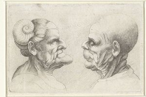 Teste deformate di un uomo calvo e di una donna con corna sulla testa da Wenceslaus Hollar