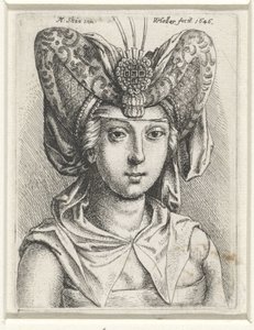Ritratto di donna con bourrelet a forma di V sulla testa