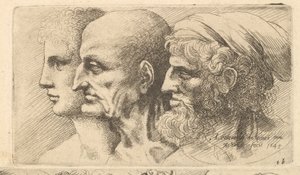 Fila di tre teste di profilo a sinistra