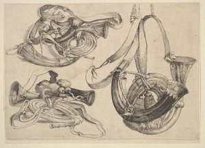 Sette corni da caccia in tre gruppi, 1625-77 da Wenceslaus Hollar
