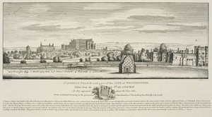 Palazzo di St. James e parte della città di Westminster dal lato nord di Pall Mall nel 1660, inciso da Richard Sawyer, pubblicato nel 1809 da Wenceslaus Hollar