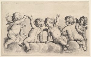 Tre cherubini e due ragazzi sulle nuvole da Wenceslaus Hollar