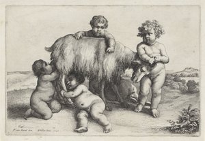 Quattro ragazzini, un satiro e una capra in piedi a destra da Wenceslaus Hollar