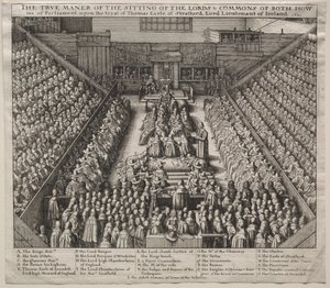 Westminster Hall, interno, con il processo del conte di Strafford da Wenceslaus Hollar