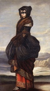 Inverno: Una signora, a figura intera, in costume esotico, con una maschera, in un paesaggio