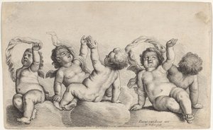 Tre Cherubini e Due Ragazzi che Alzano un Braccio sulle Nuvole da Wenceslaus Hollar, after Peeter van Avont
