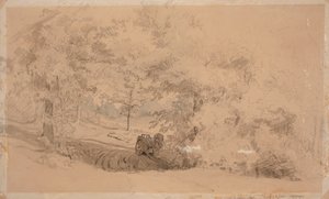 Paesaggio forestale con cavallo e carro ; Paesaggio forestale, uomo che pesca su un ponte sopra un ruscello (opera bifacciale) da Werner Holmberg