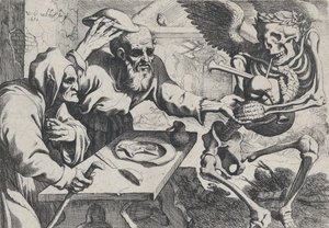 Vecchia coppia e morte con cornamuse, 1612 da Werner Jacobsz. van den Valckert