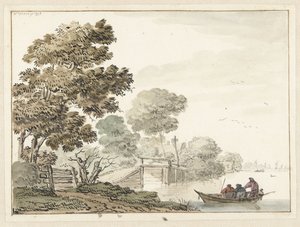 Paesaggio con un ponte di legno e alberi lungo un canale da Wigerus Vitringa