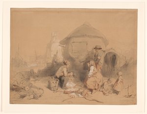 Conversazione sulla spiaggia vicino a una barca trasformata in abitazione da Wijnand Nuijen (signed by artist)