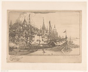 Nave con legna da ardere sulla riva del Gange a Benares da Wijnand Otto Jan Nieuwenkamp (signed by artist)