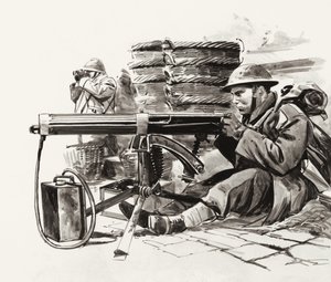 Mitragliere britannico in attesa dei tedeschi fuori da Dunkerque (gouache su carta) da Wilf (20th century) Hardy